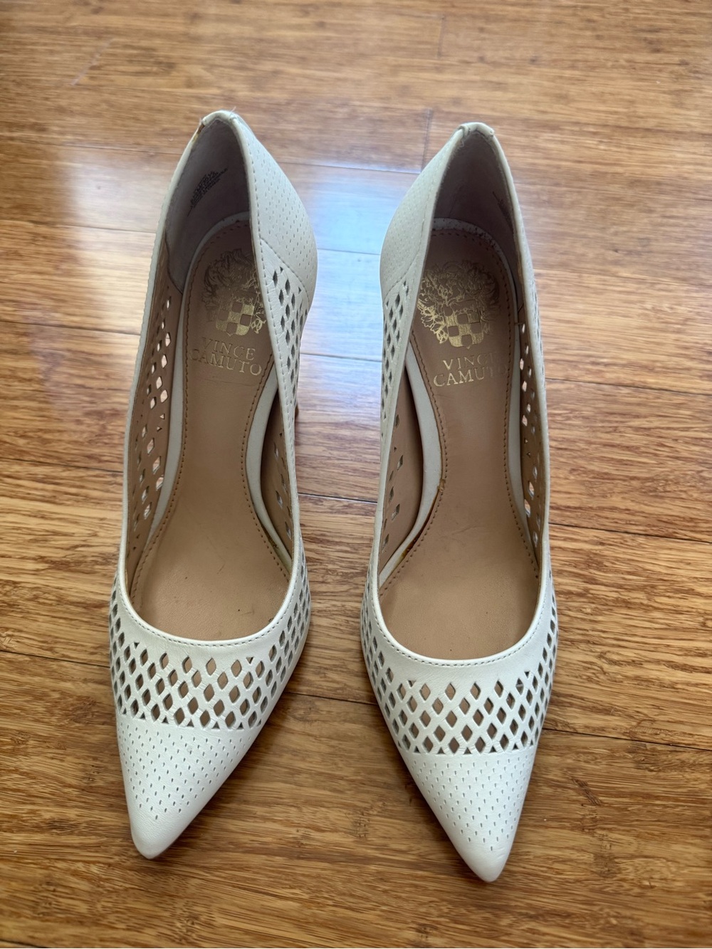 Vince Camuto Cream Perforated Pointed-Toe Pumps